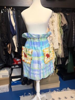 Playful Blue Plaid Ruffle-Waist Mini Skirt with Cherry Patch Pockets